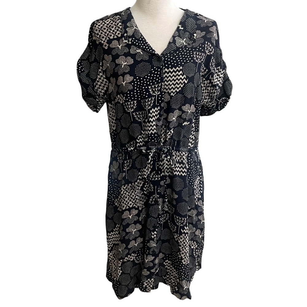 Gudrun Sjoden Navy‎ Beige Abstract Print Button Front Midi Dress Size M